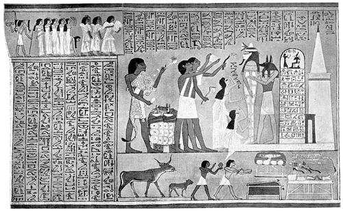 The Ceremony of "Opening of the Mouth" being performed on the mummy of the royal scribe Hunefer at the door of the tomb.